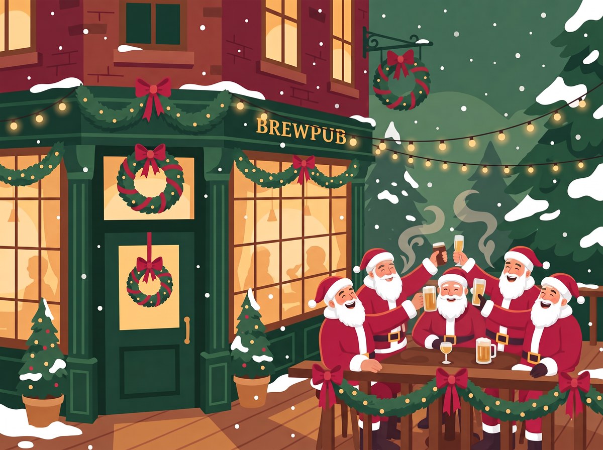 Illustration of the decorated Grocery Brewpub with men in Santa suits cheering outside