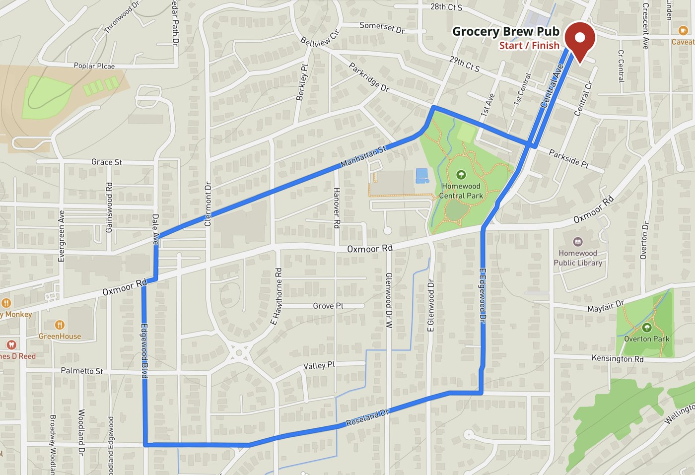 Street map of the 2026 Walk for a Claus route through Homewood, Alabama, with the walking path highlighted along Roseland Drive, East Edgewood Drive, Central Avenue, Manhattan Street, Dale Avenue, and Edgewood Boulevard past Homewood Central Park