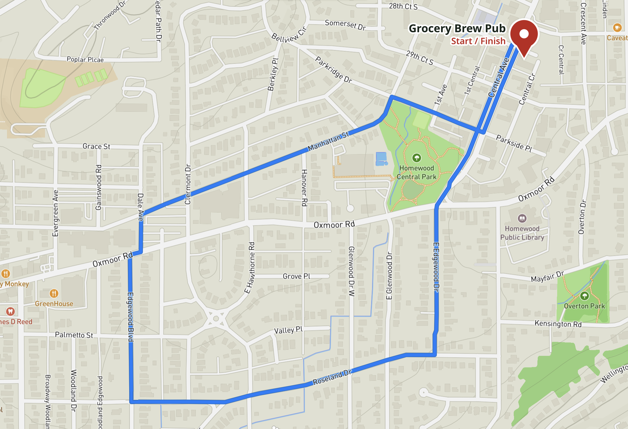 Enlarged street map of the 2026 Walk for a Claus route through Homewood, Alabama, with the walking path highlighted